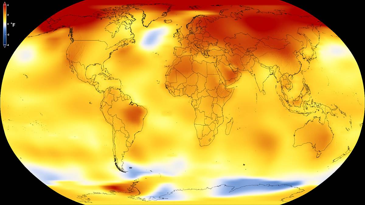 Heat map of the world showing the rising global temperature